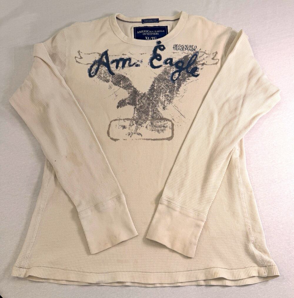 VTG American Eagle Outfitters Men XL Long Sleeve Thermal Waffle Top Stained Y2K
